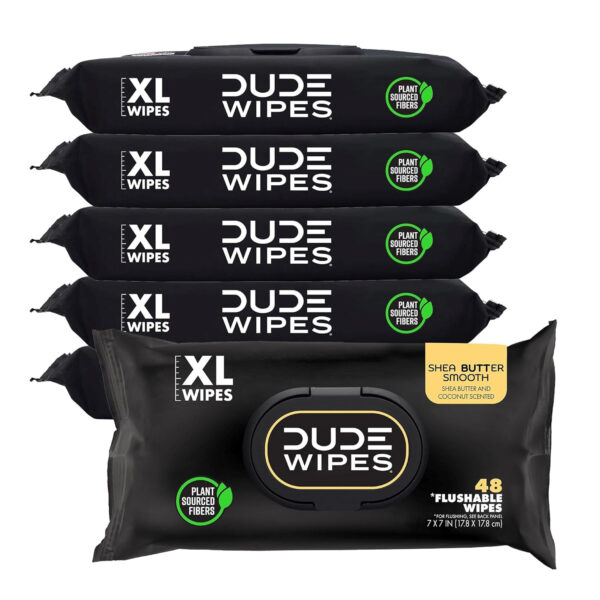 DUDE Wipes - Flushable Wipes - 6 Pack. 288 Wipes - Shea BUTTer Smooth Extra-Large Adult Wet Wipes - Vitamin-E & Aloe - Septic and Sewer Safe